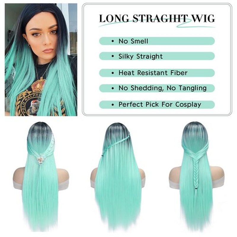 WIGER Long Straight Green Wigs for Women Ombre Mint Green Hair Wig Light Green Colorful Mermaid Wigs Two-tone No Lace Synthetic Straight Hair for Cosplay