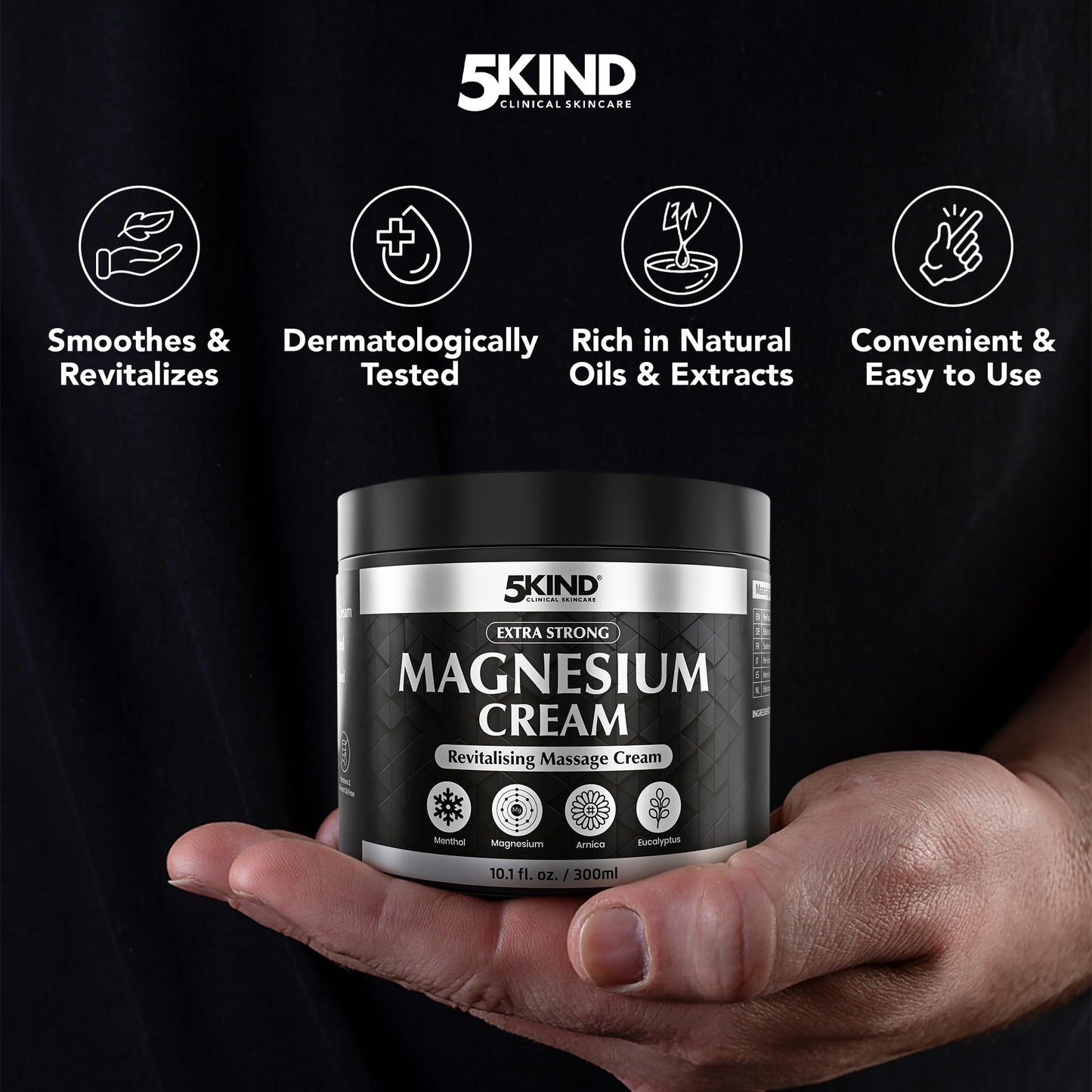 5Kind Extra Strong Magnesium Cream 10.1 fl oz - Neuropathy Nerve Relief Cream - Lotion for Restless Legs - Magnesium Rub Infused with Arnica, Eucalyptus, Comfrey, Menthol & Hemp Oil