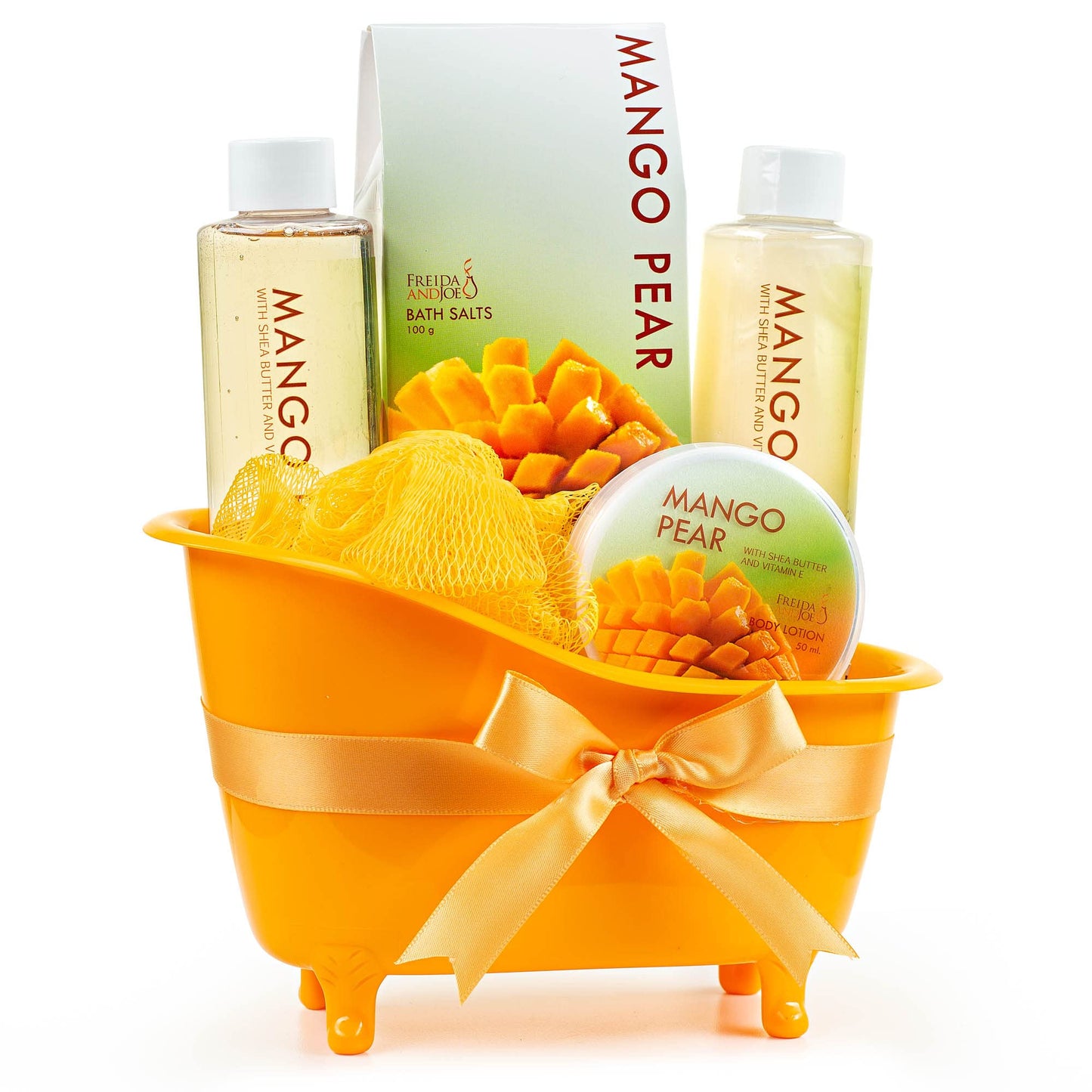 Tropical Mango Pear Fragrance Spa Set for Women - Bath & Body Set in Stylish Orange Tub - Gift Ready with Shower Gel, Body Lotion, Bubble Bath, Bath Salts, and Bath Puff – Mother's