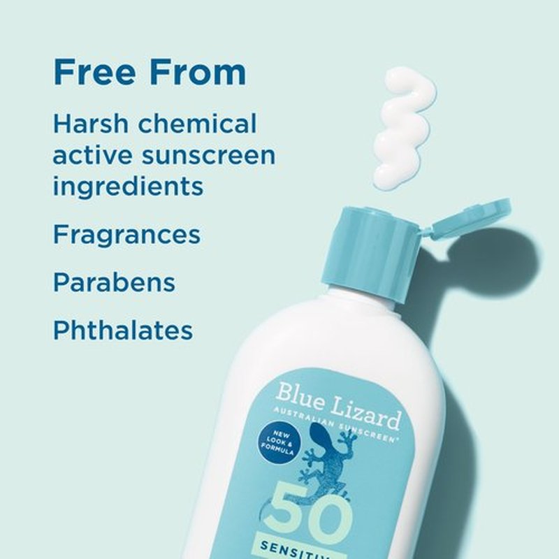 Blue Lizard SENSITIVE Mineral Sunscreen with Zinc Oxide, SPF 50+, Water Resistant, UVA/UVB Protection with Smart Bottle Technology - Fragrance Free, 8.75 oz.