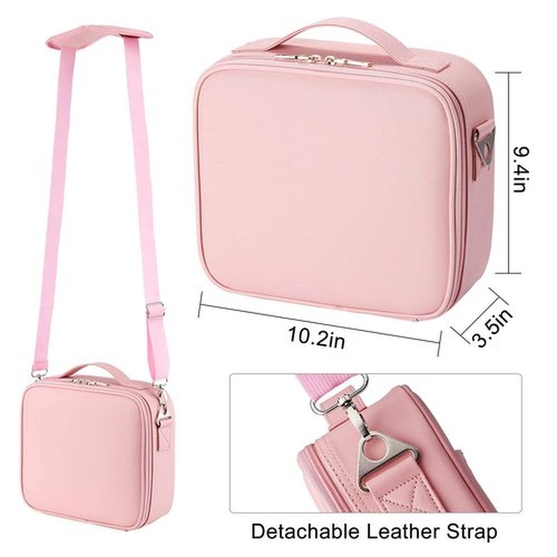 gzcz Makeup Bag Organizer 10.2'' Travel Makeup Train Case Cosmetic Brush Organizer Portable Artist Storage bag with Adjustable Dividers and shoulder strap for Make up Accessories (Cute Pink)