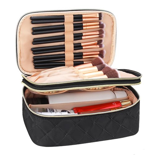 Relavel Travel Makeup Bag, Compact Cosmetic Bag for Women, Waterproof Makeup Brush Holder Organizer with Adjustable Dividers (Black)