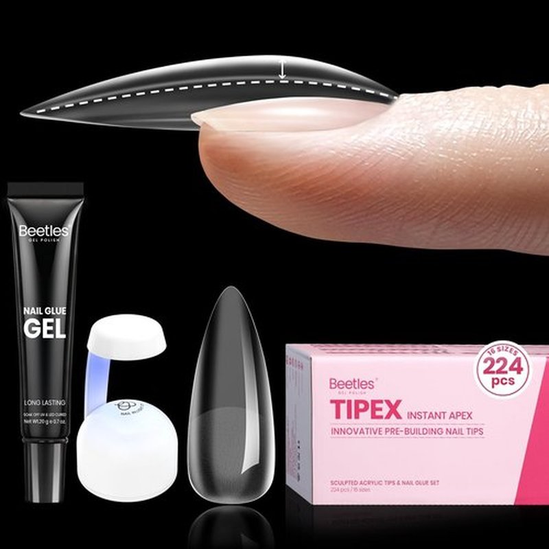 Beetles Tipex Instant Apex Nail Tips, 224Pcs 16 Sizes Pre-Building & Pre-Etched Gel Nail Tips Medium Stiletto Thicker Acrylic Nails False Nail Extension with Uv Nail Glue Nail Lamp for Flat Nails