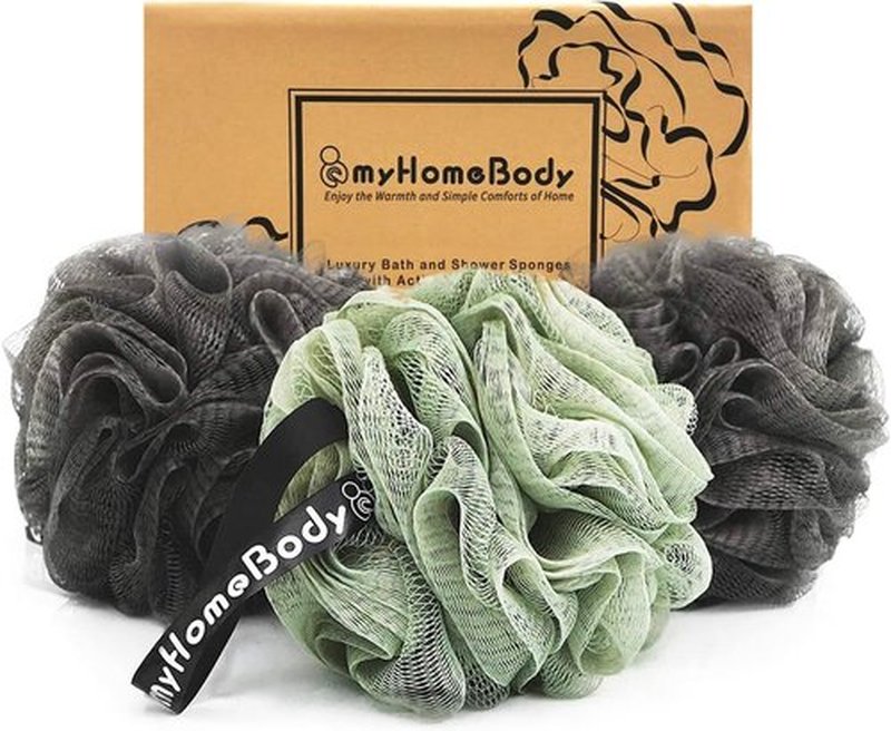 myHomeBody Large 70g Loofah Sponge, Bath Body Scrubber for Women, Men, Exfoliating Shower Pouf with Activated Charcoal - 2 Graphite Gray + 1 Sage Green, 3 Pack