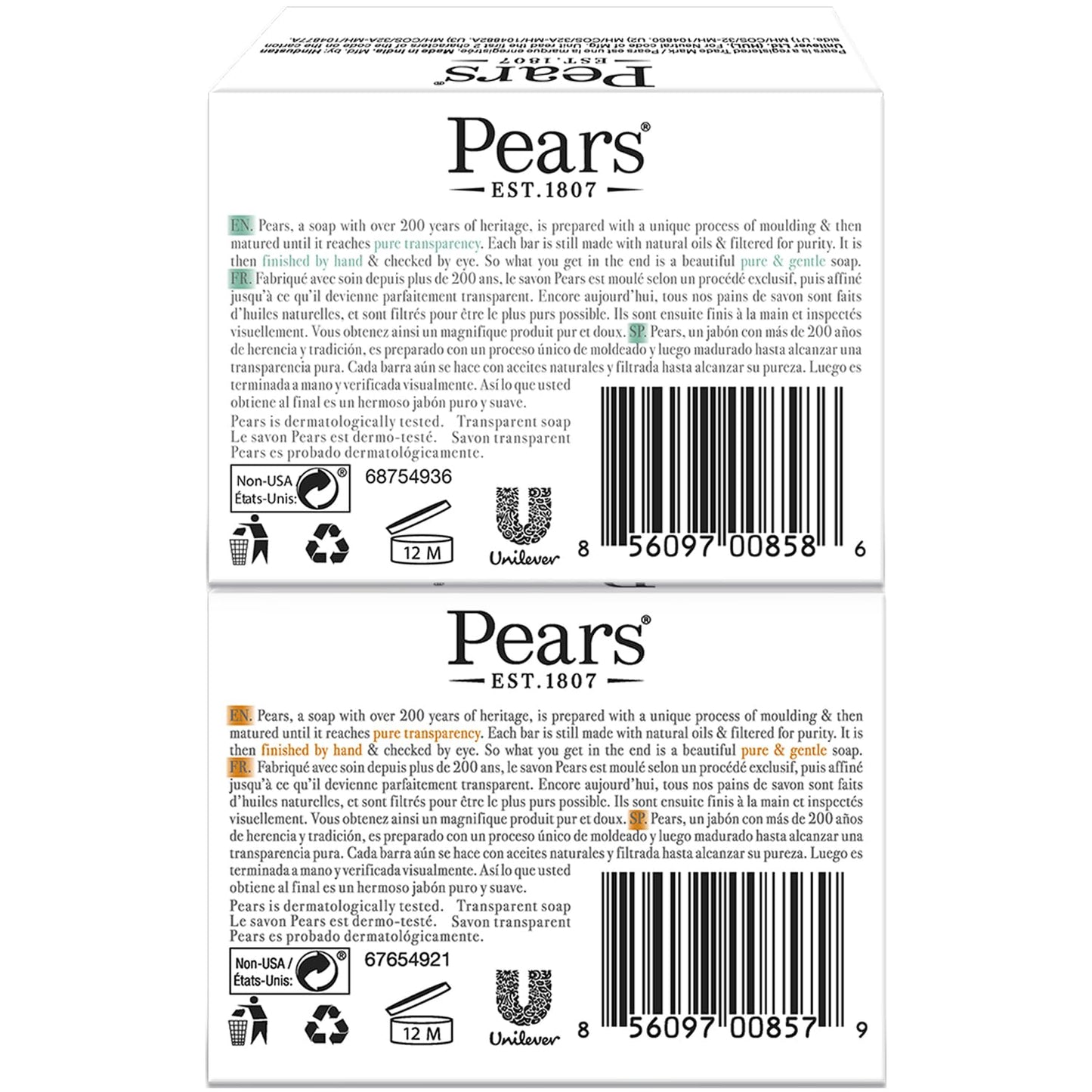 Pears Soap Gift Set, Vintage Tin with 2 Transparent Glycerin Soaps (Amber & Green) for Glowing Skin, 4.4 Oz Ea
