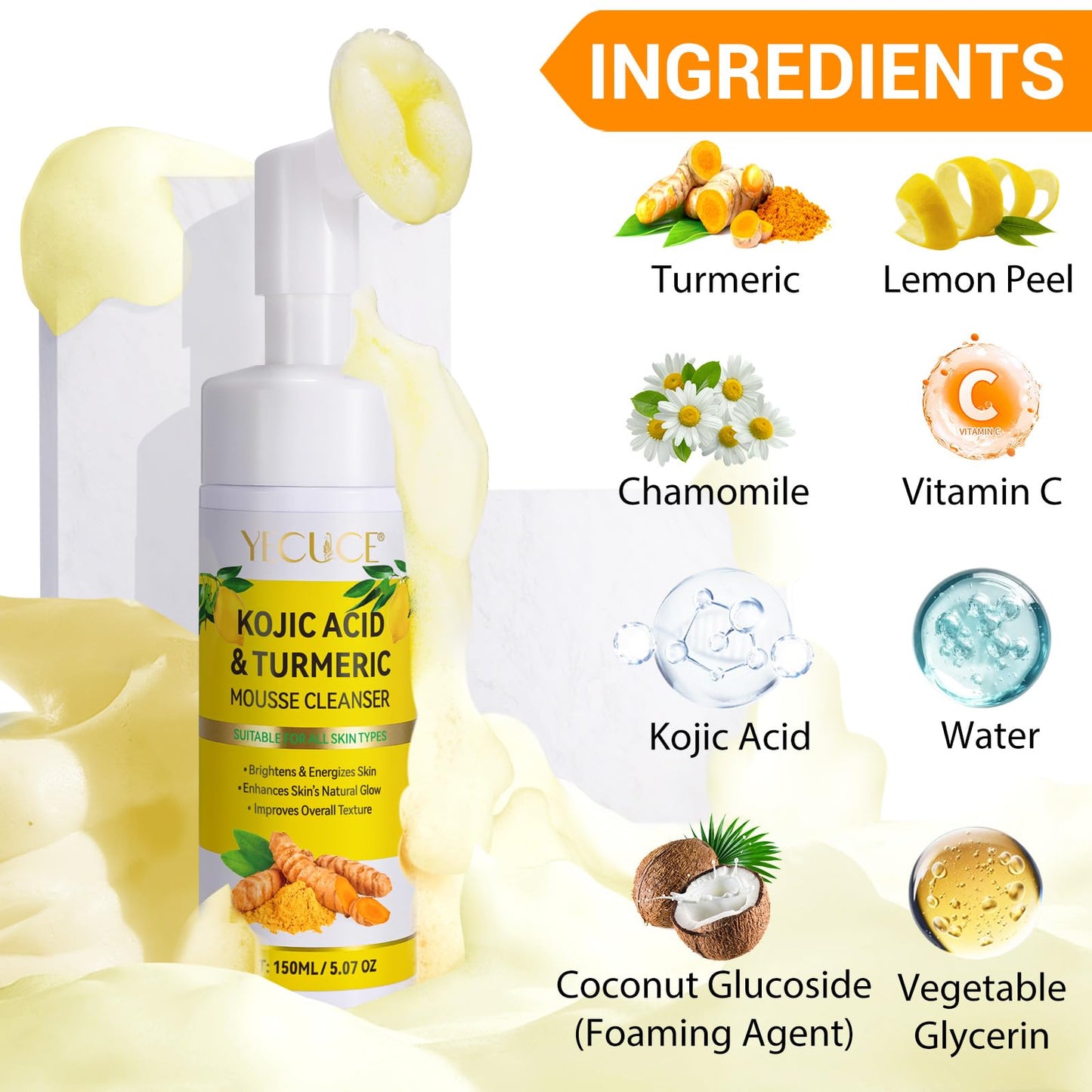 A r b c r n 2 Pack Turmeric Cleansing Mousse,Kojic Acid Facial Cleanser for Fce Wash and Firming Skin,Remove Excess Keratin-Deep Clean Pores 150ML