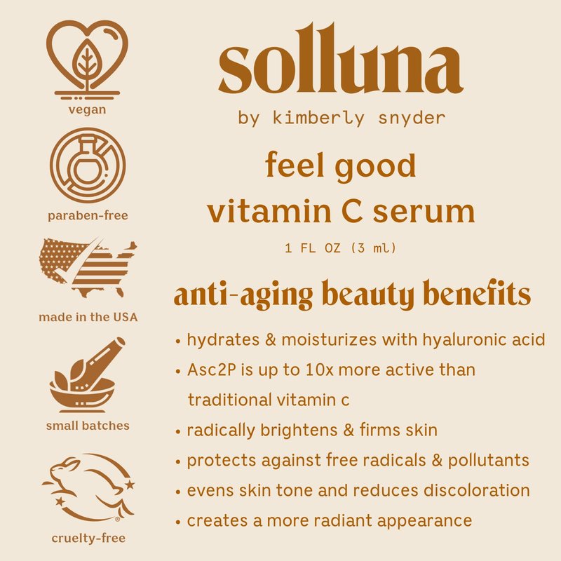 Plant-Based Anti-Aging Vitamin C Serum — Hydrating, Firming & Soothing Facial Serum — Hyaluronic Acid, Asc2P & Botanicals — Solluna by Kimberly Snyder (1oz) Vegan, Cruelty-Free, Non-Toxic & Non-GMO