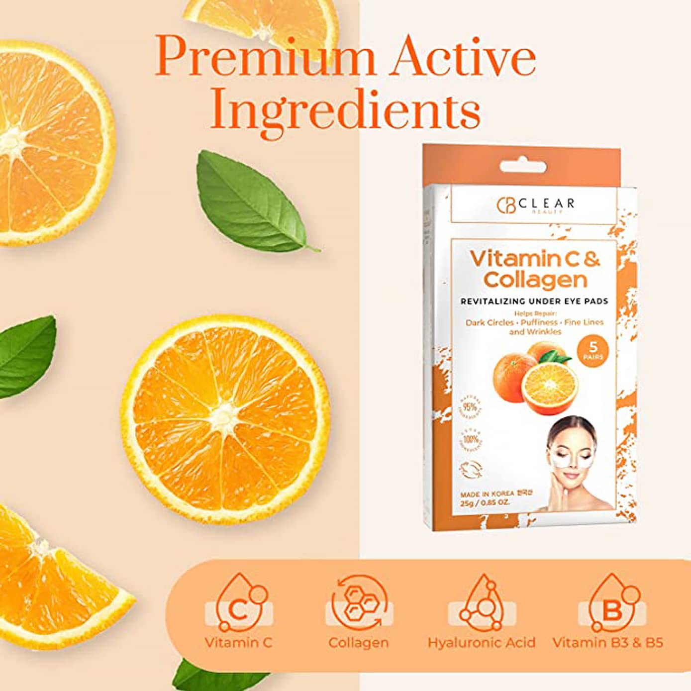 Clear Beauty Vitamin C & Collagen Under Eye Patches – Reduces Dark Circles, Puffiness & Fine Lines – Hydrating & Firming Eye Pads – Dermatologist Tested, Korean Skin Care, Vegan Clean Beauty – 5 Pack