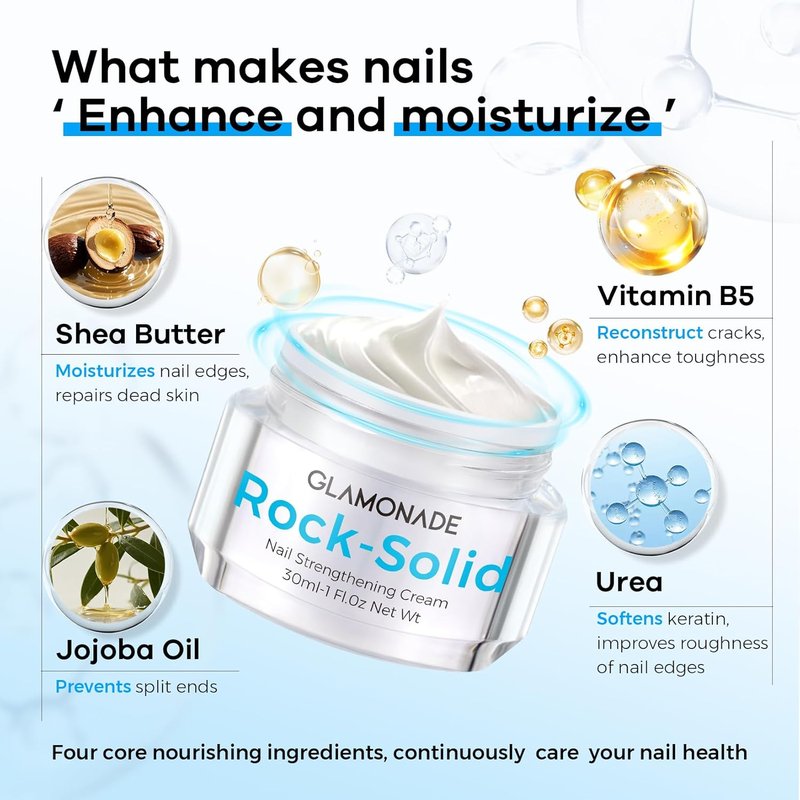 Glamonade Hard Nail Strengthening Cream - Plant-Based Nail Strengthener & Cuticle Treatment | 1 oz for Damaged Nails