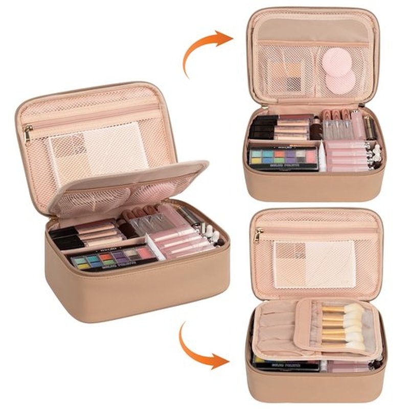 Makeup Bag, Potable Make up Bag Cute Makeup Organizer Bag for Toiletry Cosmetics Accessories with Divider and Brushes Compartments, Makeup Travel Case Cosmetic Bags Women and Girls- Beige Apricot