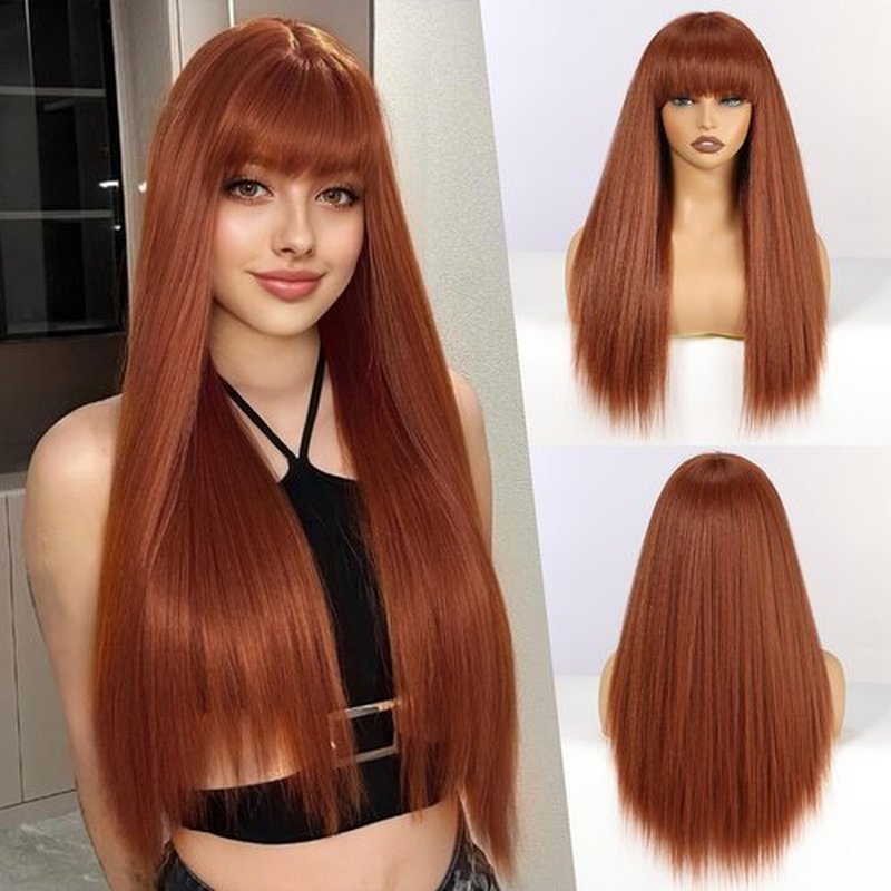 EMMOR Long Straight Yaki Wigs for Women with Bangs Comfortable Elastic Band 26 Inch Heat-resistant Synthetic Fibers(Cooper Orange)