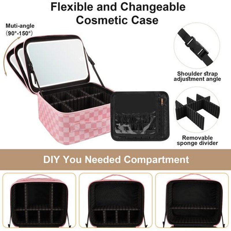 Makeup Bag with Lighted Mirror, Travel Make up Train Case with Adjustable Brightness Vanity Mirror and Detachable 10x Magnifying Mirror, PU Lether Cosmetics Organizer for Women (Pink Plaid)