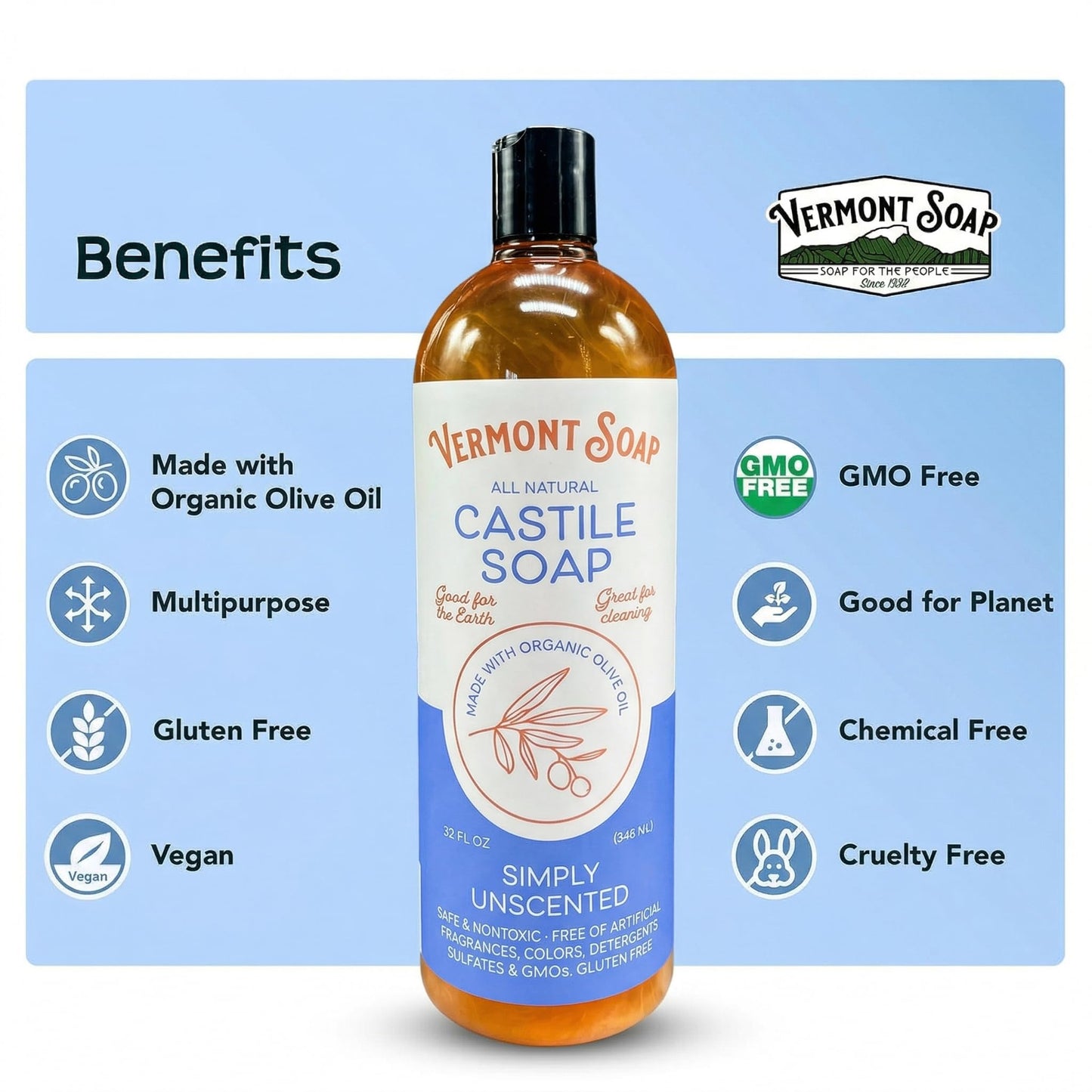Vermont Castile Soap Unscented, Gentle Liquid Soap for Sensitive Skin & Natural Body Wash, Organic Hair Shampoo for Oily Hair, Aloe Castile Soap for Men & Women - 32 oz
