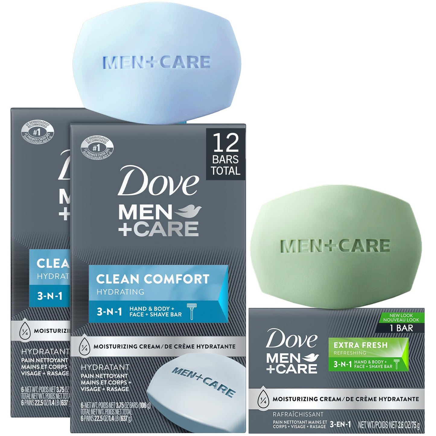 Dove Men+Care Clean Comfort Soaps (2 Boxes/12 Bars)+ Extra Fresh Soap (1 Bar) – Hydrating & Refreshing 3-in-1 Hand & Body, Face + Shave Soap Bundle