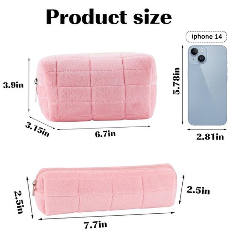 ZLFSRQ 2Pcs Makeup Bag for Women Pencil Pouch Travel Small Cosmetic Bag Set Cute Plush Pink Makeup Pouch Purse Pencil Case Pencil Bag Zippered Toiletry Bag Organizer Trendy Makeup Brushes Storage Bag