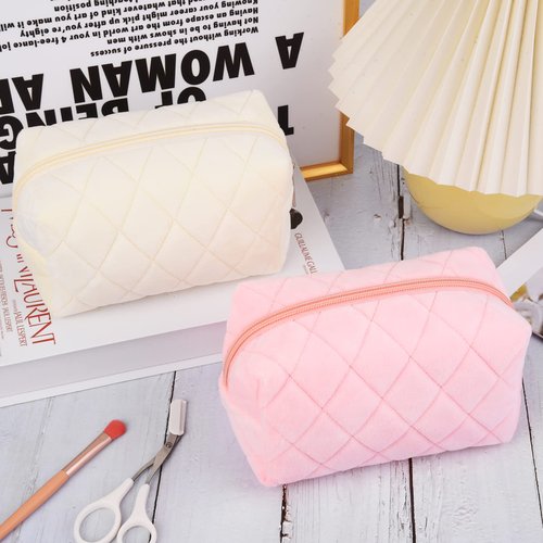 SOIDRAM 2 Pieces Makeup Bag Checkered Cosmetic Bag Plush Pink White Makeup Pouch Travel Toiletry Bag Organizer Cute Makeup Brushes Storage Bag for Women