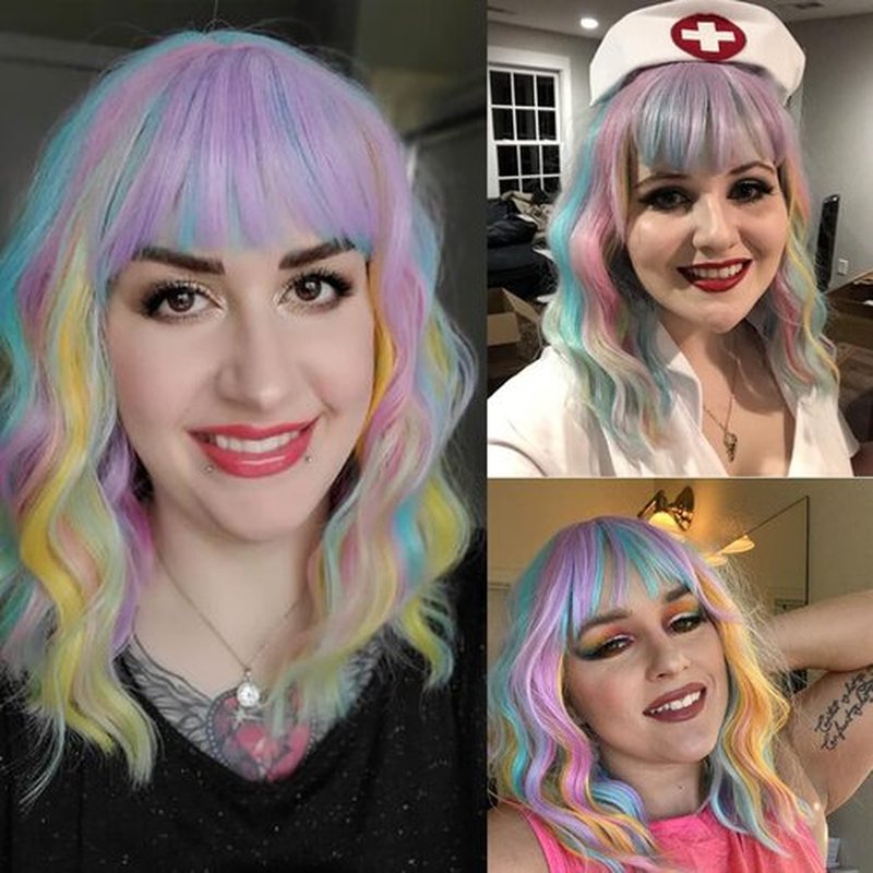 BUFASHION 14" Women Short Wavy Curly Wig Rainbow Bob Wig Cosplay Halloween Synthetic Wigs With Neat Bang Wig With Free Wig Cap (Rainbow 1)