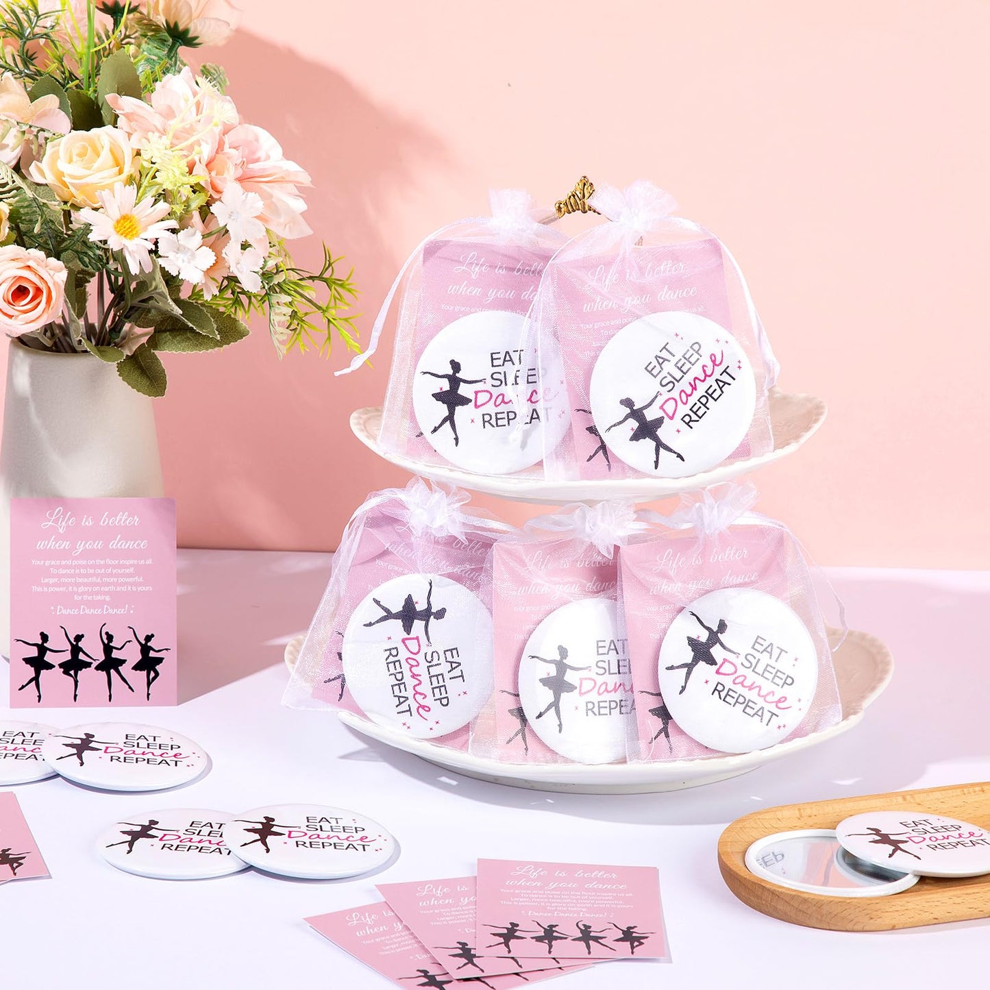 AceOrbit 30 Sets Ballerina Dance Gifts Bulk Pocket Mirror Card with Organza Bags for Women Inspirational Gifts Dancing Party Favors for Dance Team Supplies