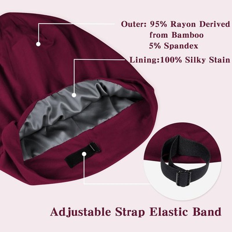 Fittia Satin Hair Bonnet for Sleeping, Silky No Frizzy for Curls Care, Adjustable Strap for Non-Slip, Dreadlocks Cap for Women&Men Claret