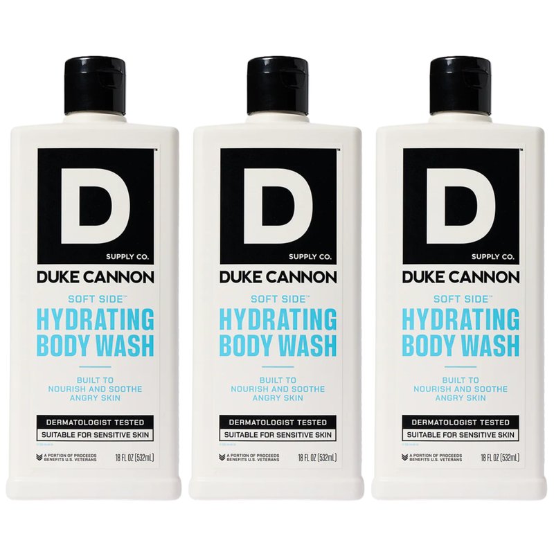 Duke Cannon Supply Co. Soft Side Hydrating Body Wash for Men – 18 oz Moisturizing Shower Gel, 3-Pack, Shea Butter & Oat Protein, Black Tea & Sandalwood Scent