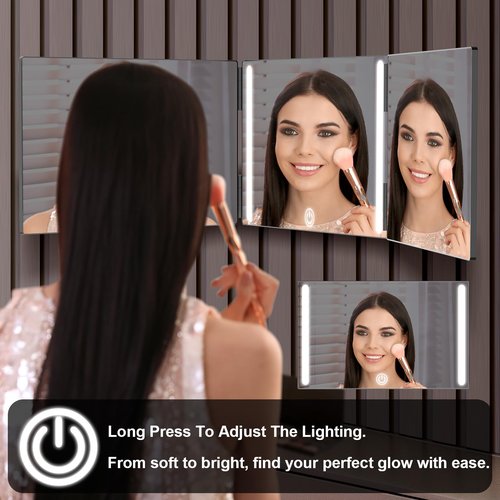 OLIBUY 3 Way Mirror with LED for Hair Cutting, Tri-fold Mirror for Shaver and Makeup, Adjustable Telescoping Hooks-with LED Version