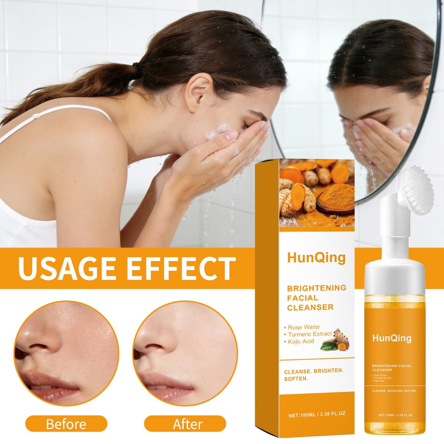 HuaQing Glow Wash Turmeric Face Wash With Brush,Deep Cleansing Exfoliating Foaming Facial Cleanser.