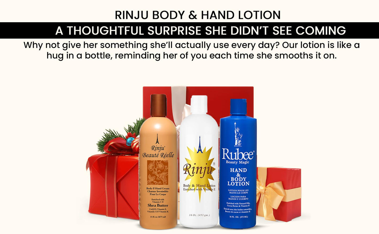 Rinju Body & Hand Lotion - Pack of 3 Non-Greasy Lotion for Women & Men - 16oz - Rubee Cacao Butter Lotion for Extremely Dry Skin - Vitamin E Moisturizer, Shea Butter - Soothes & Softens Skin