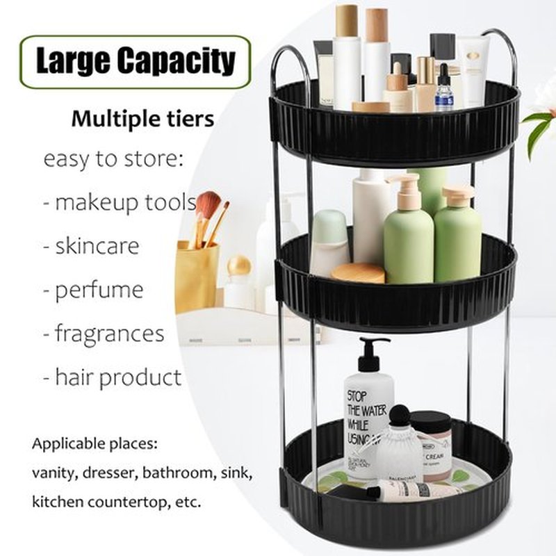 Zufudo Rotating Makeup Organizer 3 Tier Lazy Susan Trays Skincare Perfume Organizer for Bathroom Counter Vanity, Black