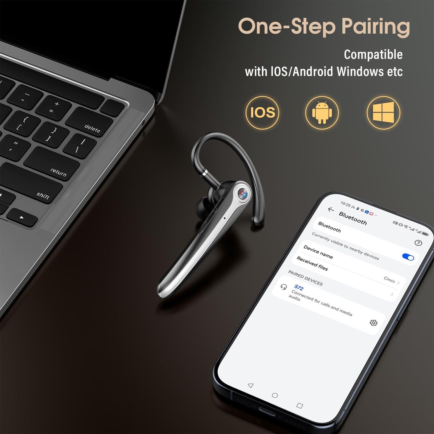 Bluetooth Headset, Wireless Bluetooth Earpiece with ENC Noise Canceling Mic, 120Hrs Talk Single-Ear Headphones, LED Display, IPX7, V5.4 Hand-Free Earphone for Business/Trucker/Driver (Bright Black)