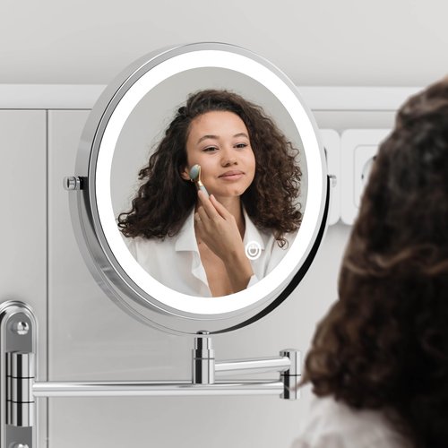 Rocollos Two-Fingers-Width Narrow Base Rechargeable Wall Mounted Lighted Makeup Mirror,3 Color Lights Dimmable Touch Screen,8 Inch LED Double Sided 1X/10X Mirror (Polishing Chrome)