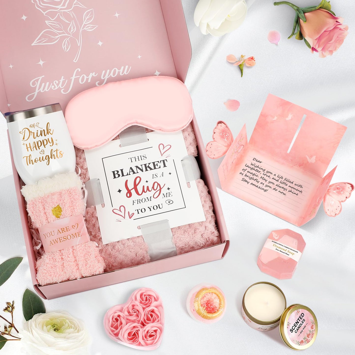 Juesly Birthday Gifts for Women Christmas Day Gifts, Unique Self Care Package Get Well Soon Basket Rose Relaxing Spa Kit with Flannel Blanket Tumbler, Happy Christmas Box for Friend Mom Sister Wife