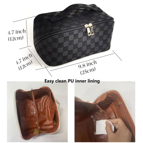MINGRI Large Capacity Travel Cosmetic Bag for Women,Portable PU Leather Checkered Makeup Bag Water Resistant,Flat Open Multifunctional Storage Toiletry Bag with Divider and Handle (Grid-Black)