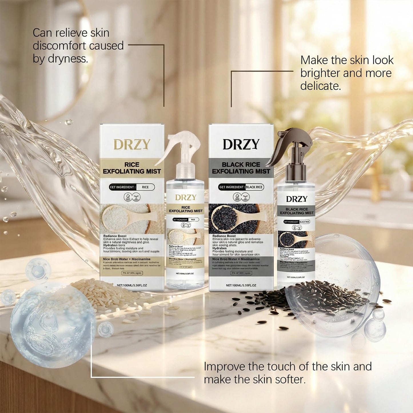 DRZY Rice & Black Rice Exfoliating Mist Set – Gentle Skin Renewal Pair with Rice Bran Water, Niacinamide & Hyaluronic Acid, Hydrating Face & Body Gift Collection 2×100ml