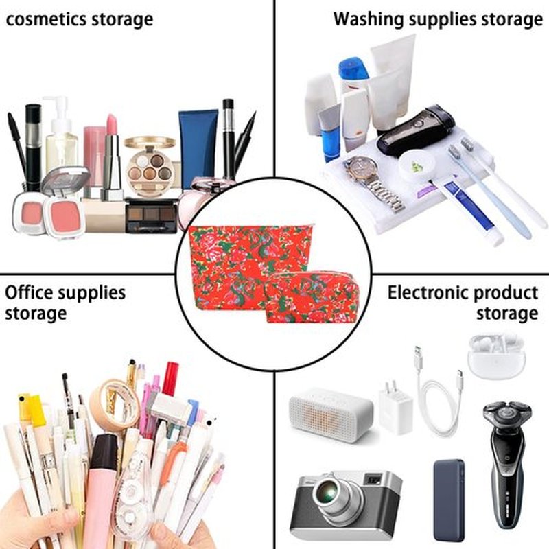 LYDZTION 2PCS Red Floral Makeup Bag Cotton Cosmetic Bag for Women,Large Red Embroidery Makeup Bag with Zipper Portable Pouch Travel Toiletry Bags Makeup Brush Organizer Storage Bag for Women