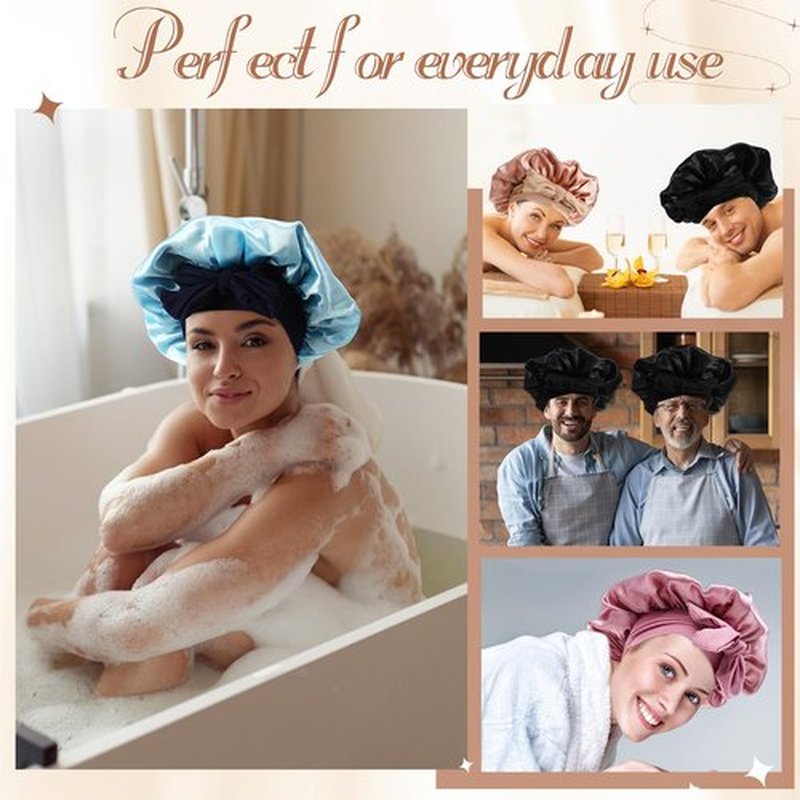 JaGely 4 Pcs Satin Bonnet for Women Tie Hair Bonnet for Sleeping Large 2 Layered Silk Sleeping Cap for Sleeping with 8 Pcs Hair Scrunchies Silk Sleep Cap Double Layer Satin Bonnets(Classic Color)