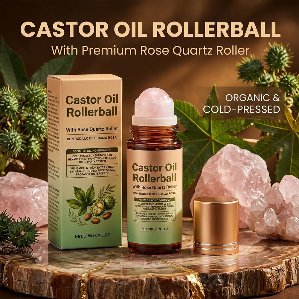 ROVIA 2 PCS Organic Castor Oil Roll On: 100% Cold Pressed Moisturizing Oil with Rose Quartz Roller - for Brows, Lashes, Dry Skin & Face, Travel Friendly Leakproof Roller Bottle
