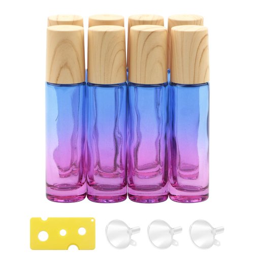 Newzoll 8 Pcs 10 ml (1/3 oz) Glass Roll on Bottles Blue Purple Gradient Roller Bottles Vials Container for Essential Oils Perfume Lip Balms