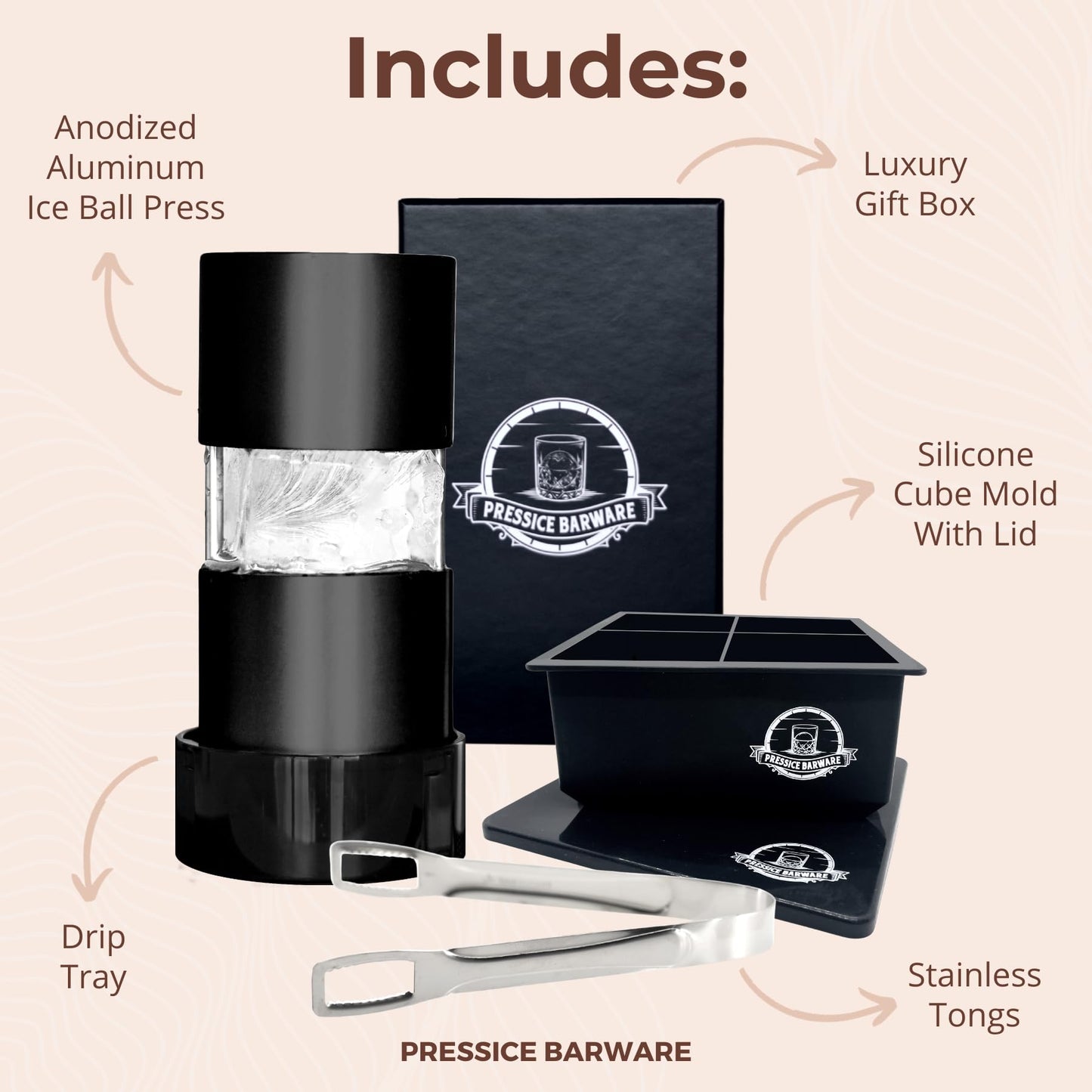 Pressice Barware Ice Ball Press – Aluminum Ice Press – Create Effortless Large Spheres – Includes Ice Tray – USA Small Business (Black Finish)