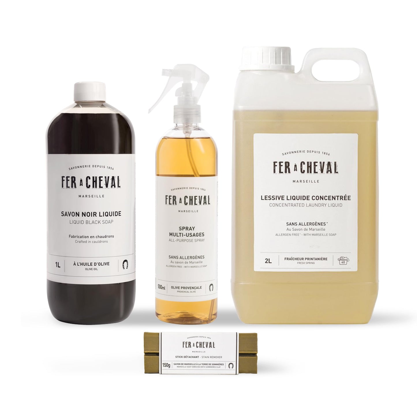 Fer à Cheval Bundles - Liquid Black Soap, Concentrated Laundry Liquid 2L/67.6oz, All-Purpose Spray Cleaner 500ml/16.9 fl oz, Stain Remover Stick with Sommières Clay