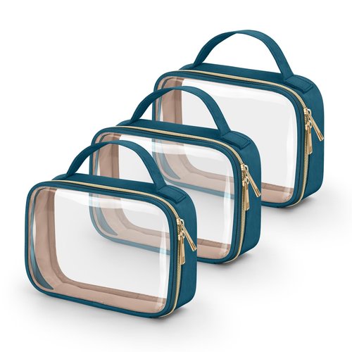 Wedama TSA Approved Toiletry Bag, 3 Pack Clear Makeup Bags with Handles, Quart Size Clear Toiletry Bags, PVC Clear Cosmetic Bags for Women and Men, Carry on Airport Airline (Til Blue, Medium)