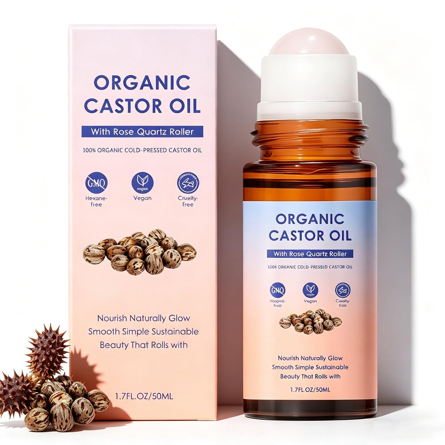 Omexry Organic Castor Oil Rose Quartz Roller Ball - Cold-Pressed Castor Oil Roll On, Rose Quartz Roller Olis for Hair Face & Body, Skin Moisturizing & Reduces Fine Lines (1PC)