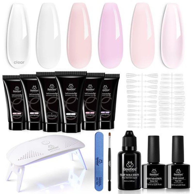 Beetles Poly Nail Extension Gel with Uv Light Starter Kit- 6 Jelly Colors 15 ML Clear Pink Neutral Jelly Gel Nails Quick Building Hybrid Gel Base Top Coat Slip Solution French Manicure Set for DIY