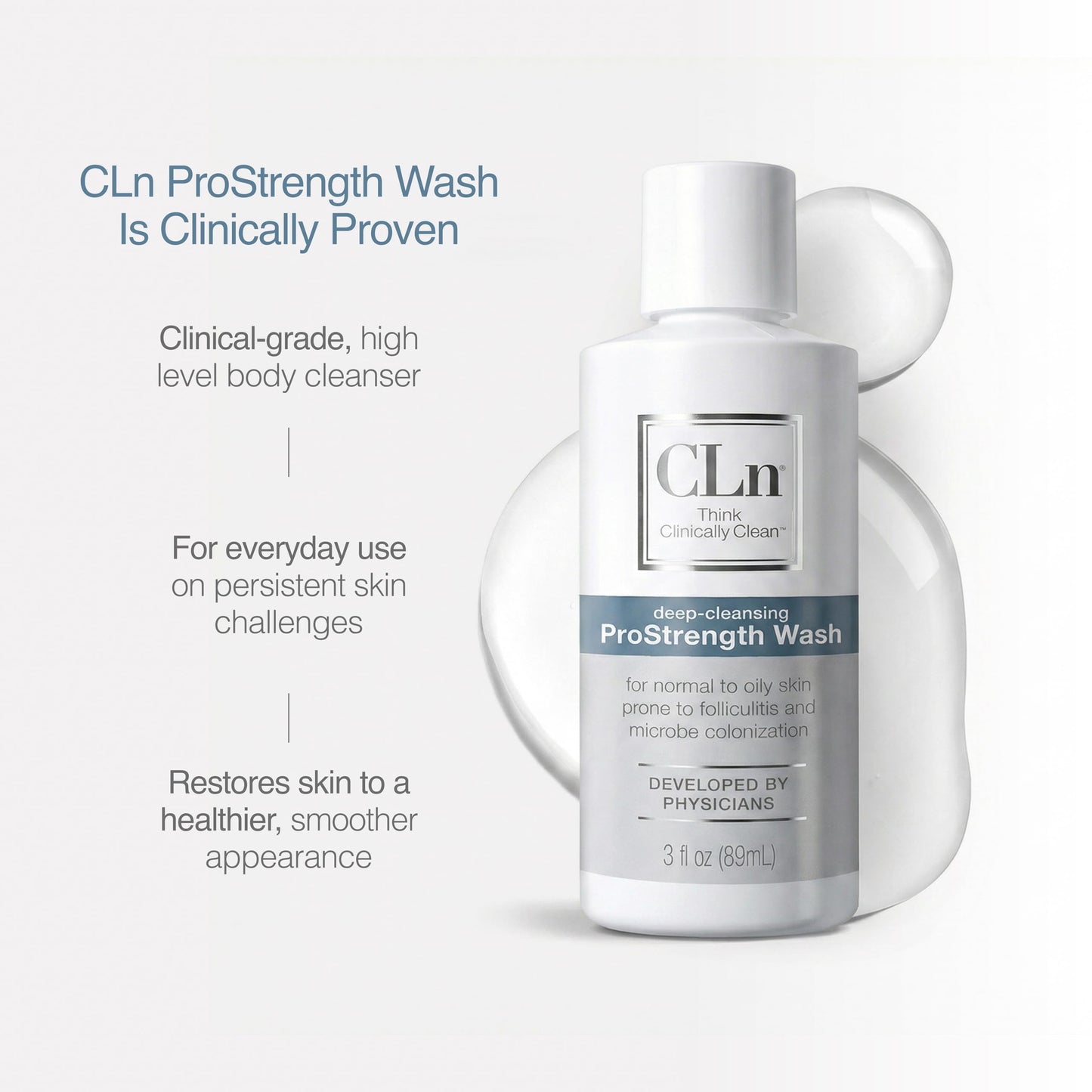 CLn ProStrength Wash - 3 fl oz, Salicylic Acid Body Wash & pH Balanced Cleanser for Oily & Acne Prone Skin, Exfoliating Body Wash for Men & Women, Fragrance Free Daily Skin Care