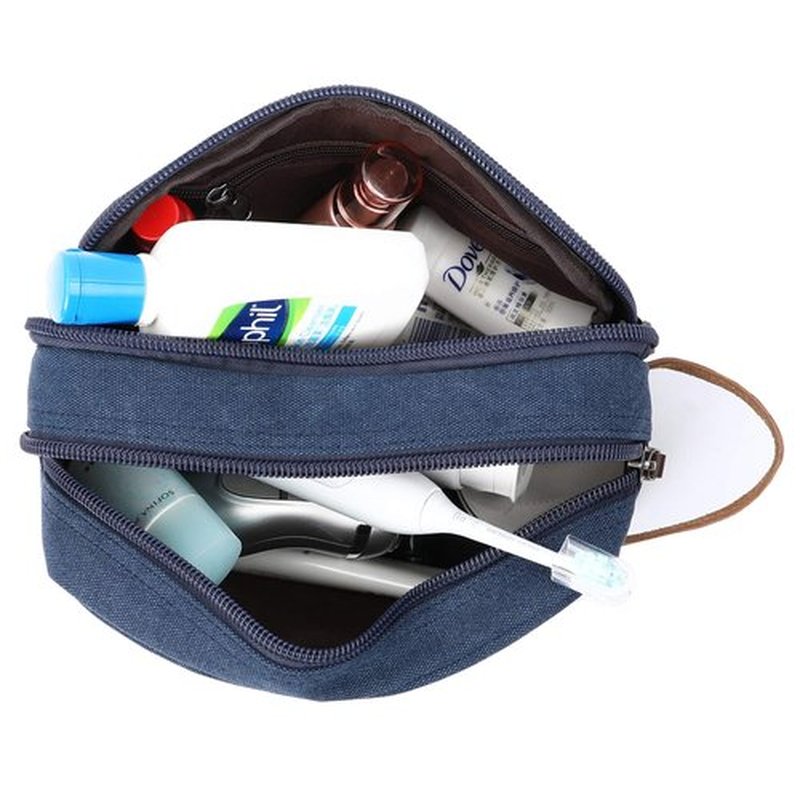 Mactso Mens Travel Toiletry Bag Canvas Leather Cosmetic Makeup Organizer Shaving Dopp Kits with Double Compartments (Blue 1)