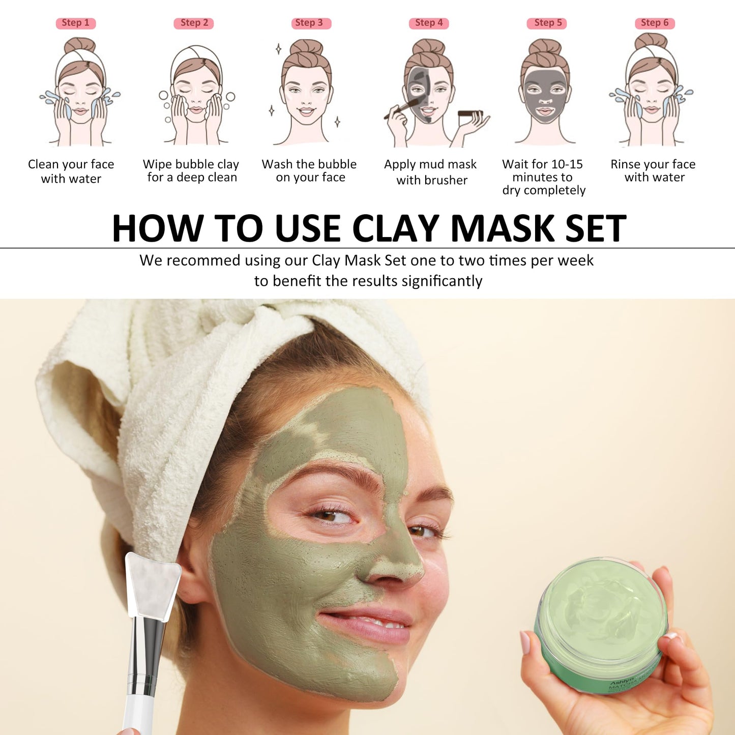 Ashlyn 3-Piece Mud Mask Set, Green Tea Mud Mask, Rose Mask Skincare Series, Dead Sea Foaming Deep Cleansing Mask, Firming Oil Control, Pore-Minimizing Skincare, 8.46 oz
