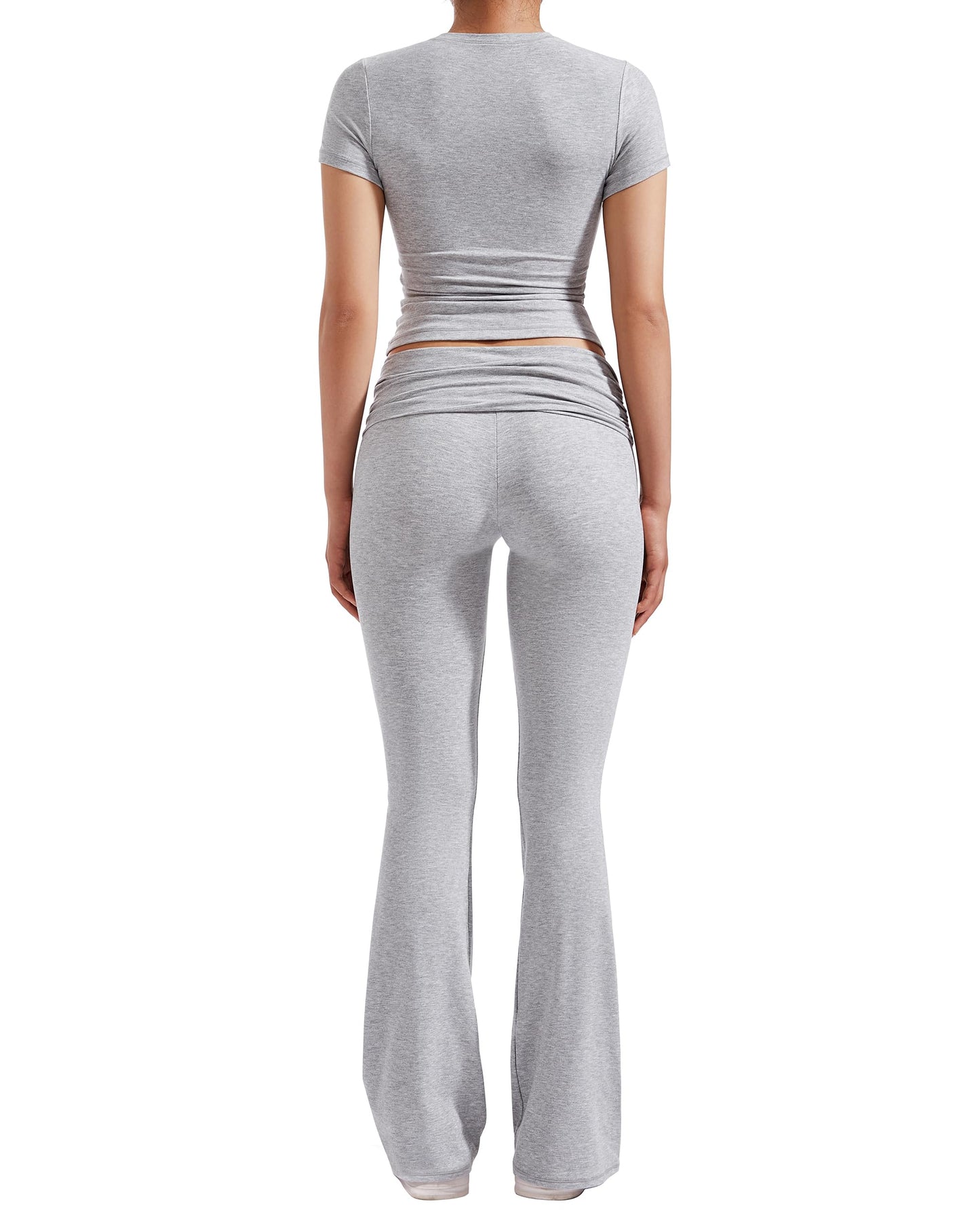 RXRXCOCO Women's 2 Piece Lounge Sets Y2K Crop Tops Fold Over Flare Pants Casual Outfits Matching Sets Grey Small