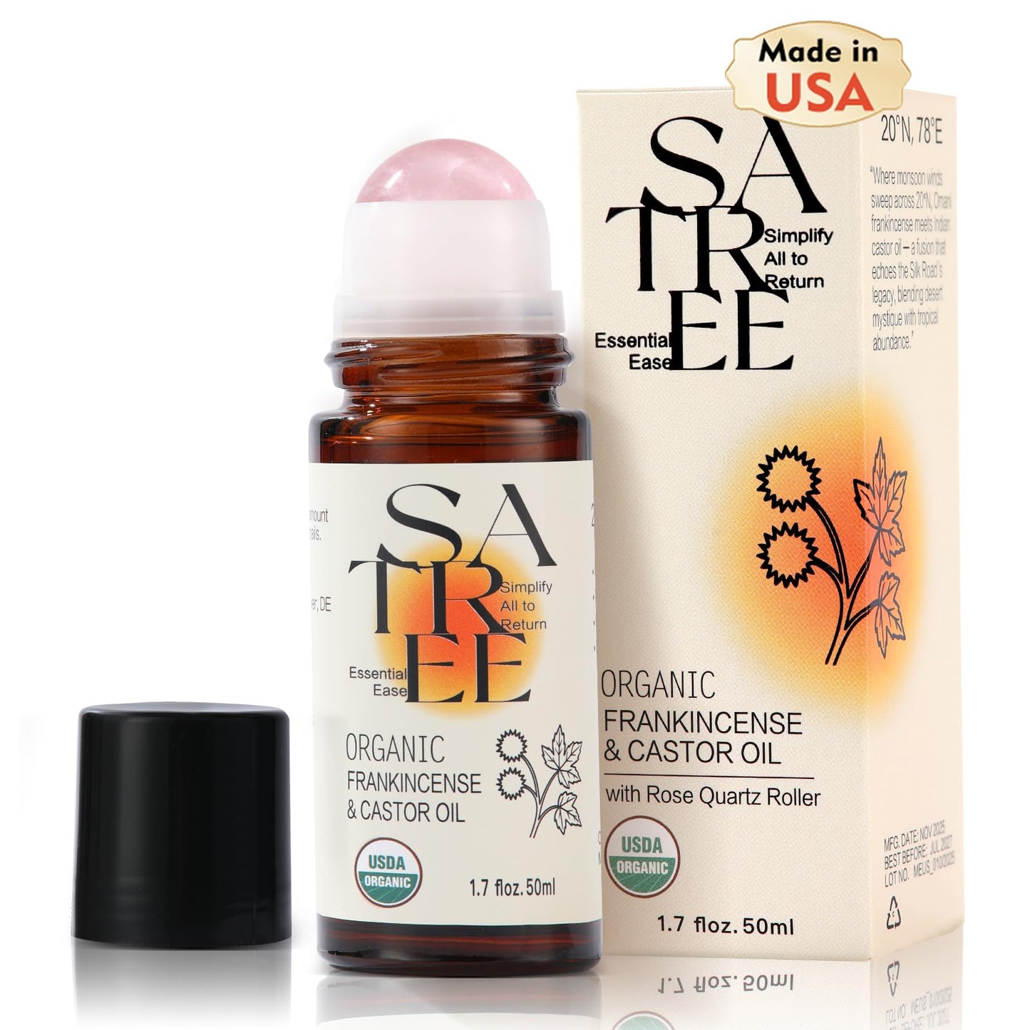 Organic Castor & Frankincense Oil Roll-On with Rose Quartz Roller 1.7 Fl Oz