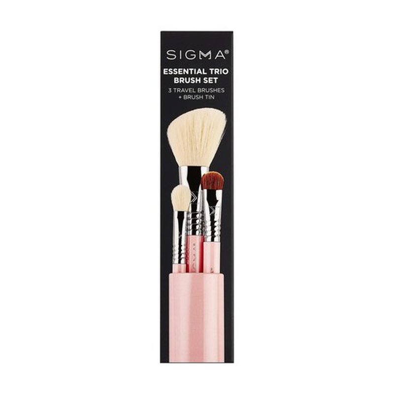 Sigma Beauty Travel Essential Trio - Makeup Brush Set for Foundation Powder Eyeshadow - 3 Tool Brushes with Brush Tin Holder - - Skin Safe, Vegan Makeup Brushes for Travel - Light Pink