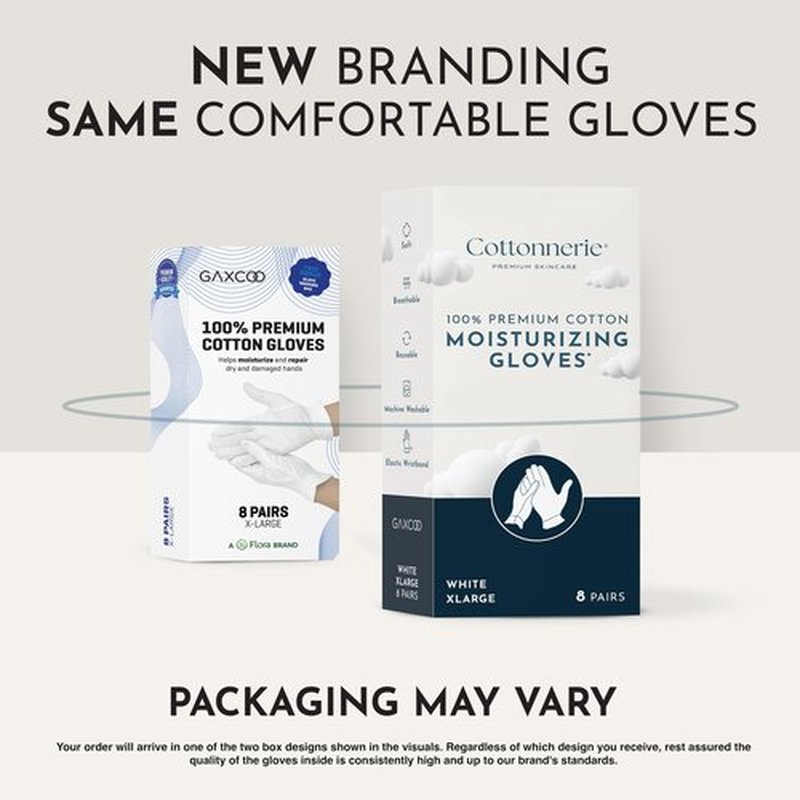Gaxcoo Cottonnerie X-Large 8 Pairs Cotton Moisturizing Gloves for Dry Hands & Eczema, Overnight Lotion & Spa Treatment for Women & Men, Reusable, Free Washing Bag