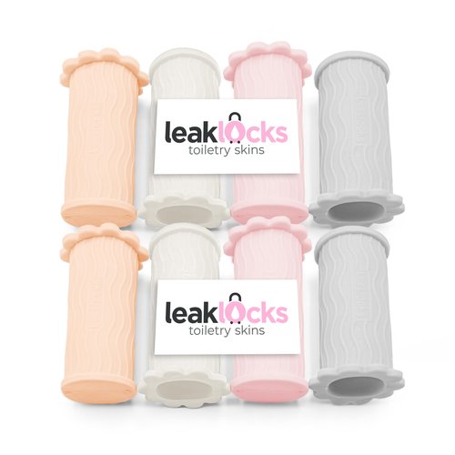 LeakLocks® Toiletry Skins™ Elastic Sleeve for Leak Proofing Travel Container in Luggage. For Standard and Travel Sized Toiletries. Reusable Accessory for Travel Bag Suitcase and Carry-on Luggage